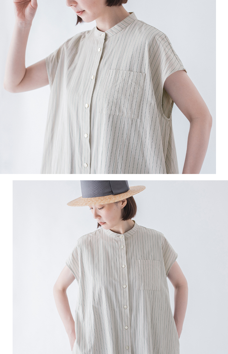 &yarn わたしの大人服。 ストライプワンピース(ベージュ) 上半身アップ