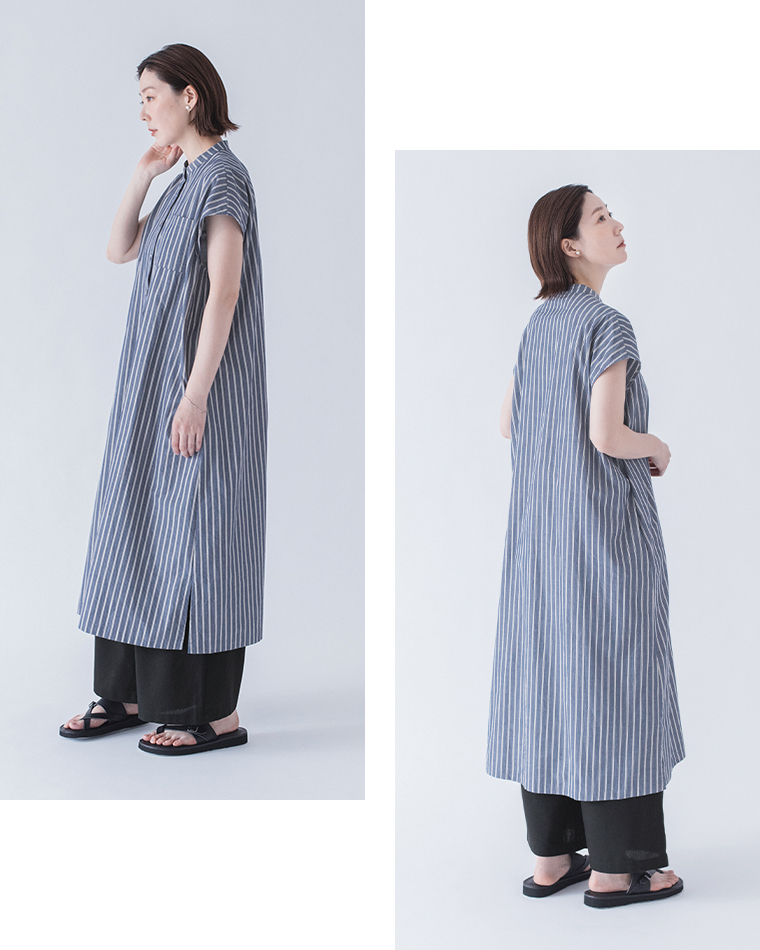 &yarn わたしの大人服。 ストライプワンピース(ネイビー)の全身横と後ろ