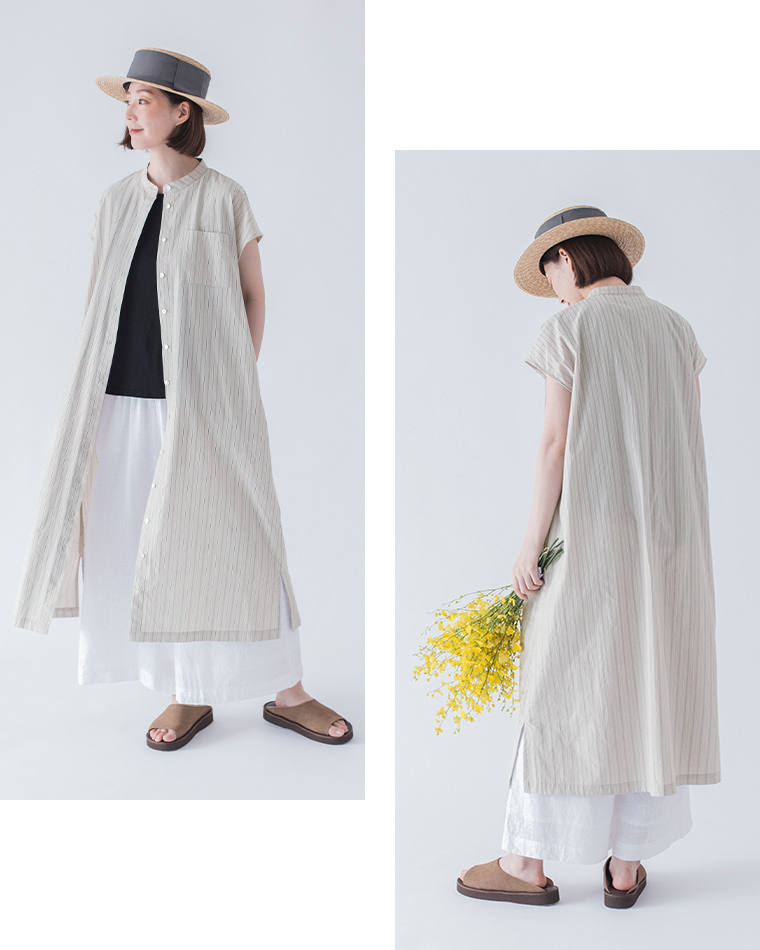&yarn わたしの大人服。 ストライプワンピース(ベージュ)の前開き全身前と後ろ
