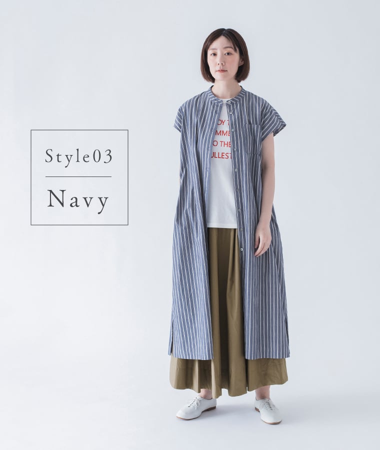 &yarn わたしの大人服。 ストライプワンピース(ネイビー)のアレンジコーディネート