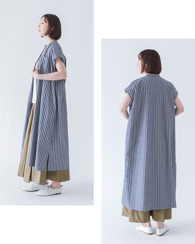 &yarn わたしの大人服。 ストライプワンピース(ネイビー)のアレンジ全身横と後ろ