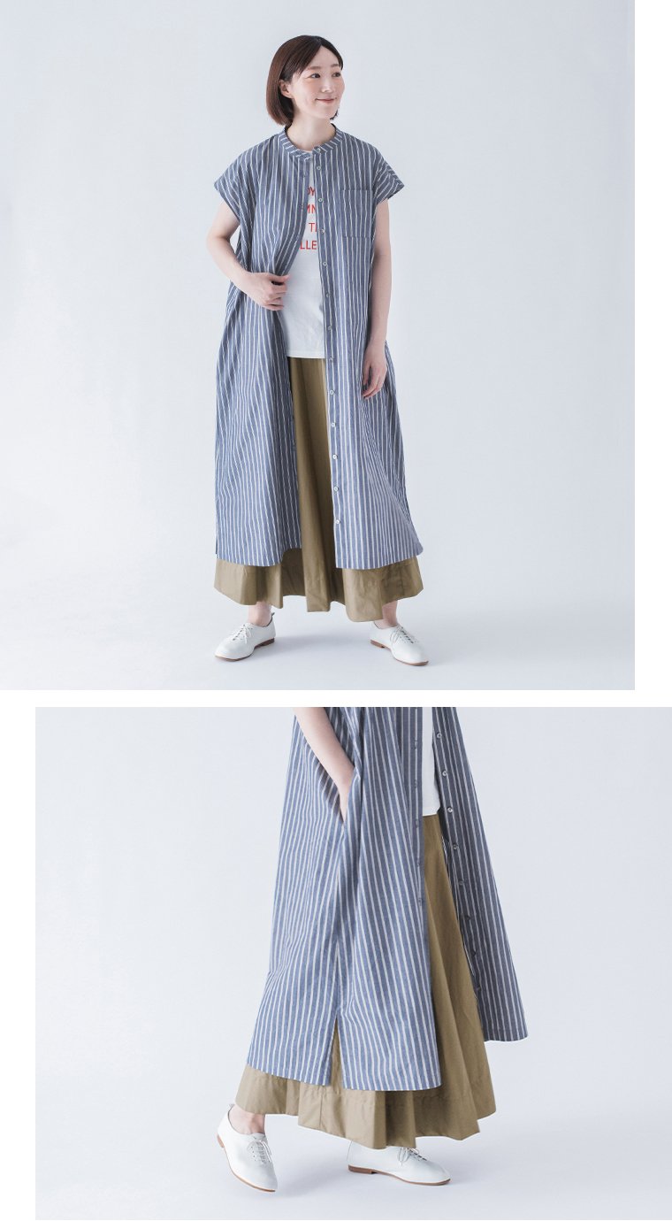 &yarn わたしの大人服。 ストライプワンピース(ネイビー)のアレンジ全身前と裾