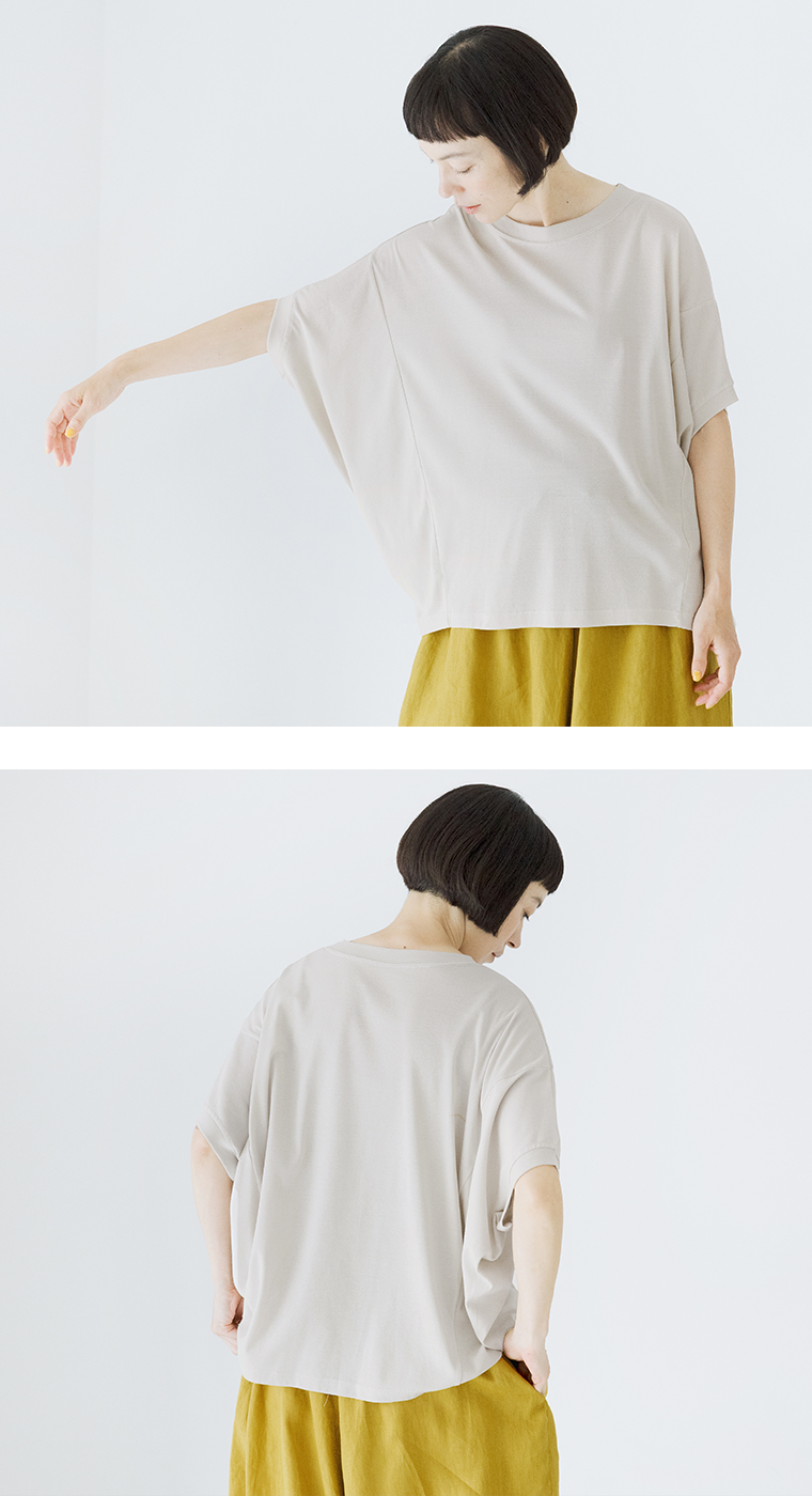 【 &yarn 】接触冷感バンザイＴシャツ グレージュ 上半身身幅見せ＆バックスタイル