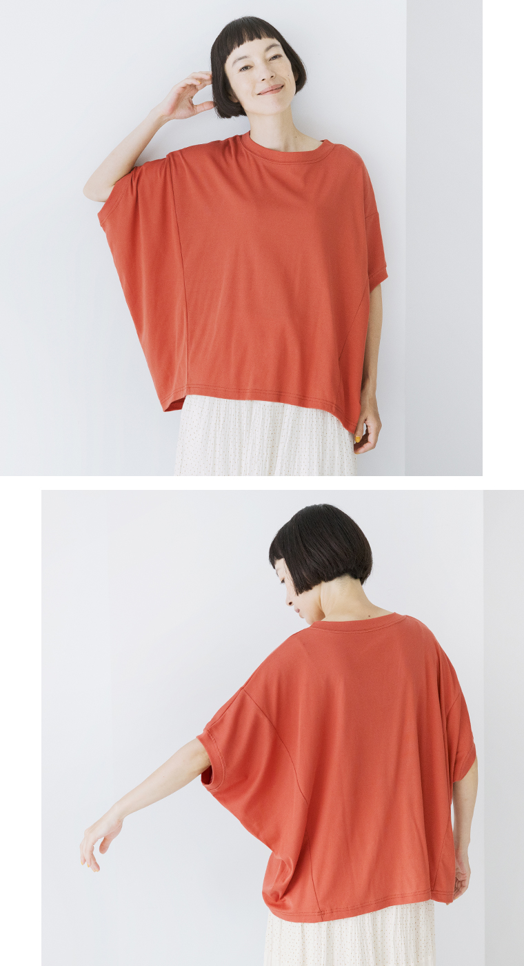 【 &yarn 】接触冷感バンザイＴシャツ オレンジ 上半身寄り＆バックスタイル