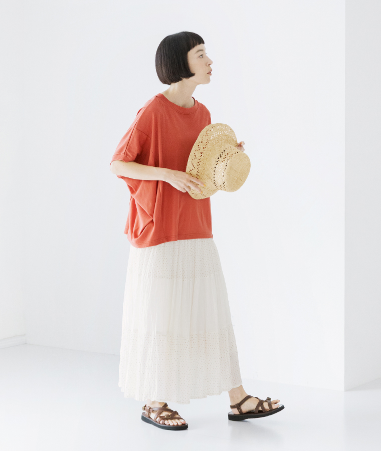 【 &yarn 】接触冷感バンザイＴシャツ オレンジ 全身コーディネート