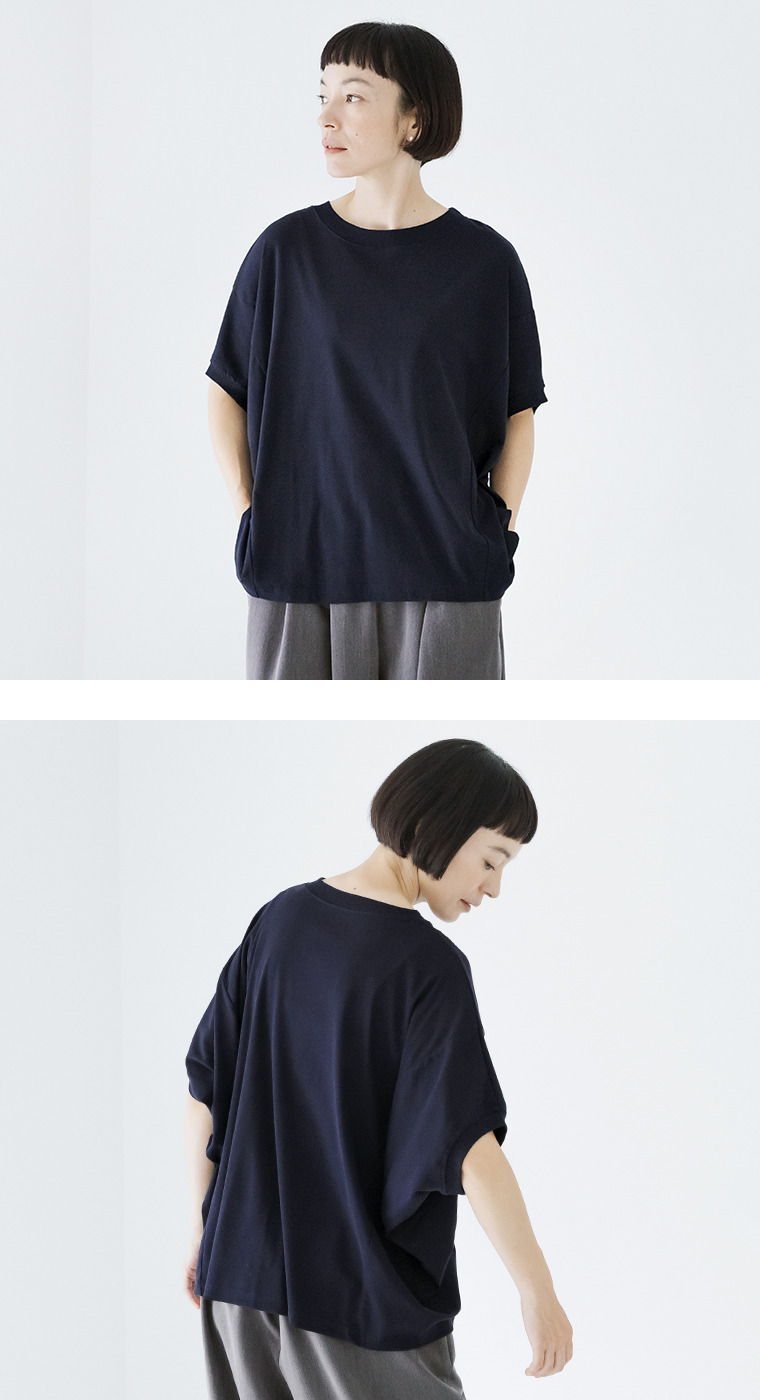 【 &yarn 】接触冷感バンザイＴシャツ ネイビー 上半身寄り＆バックスタイル