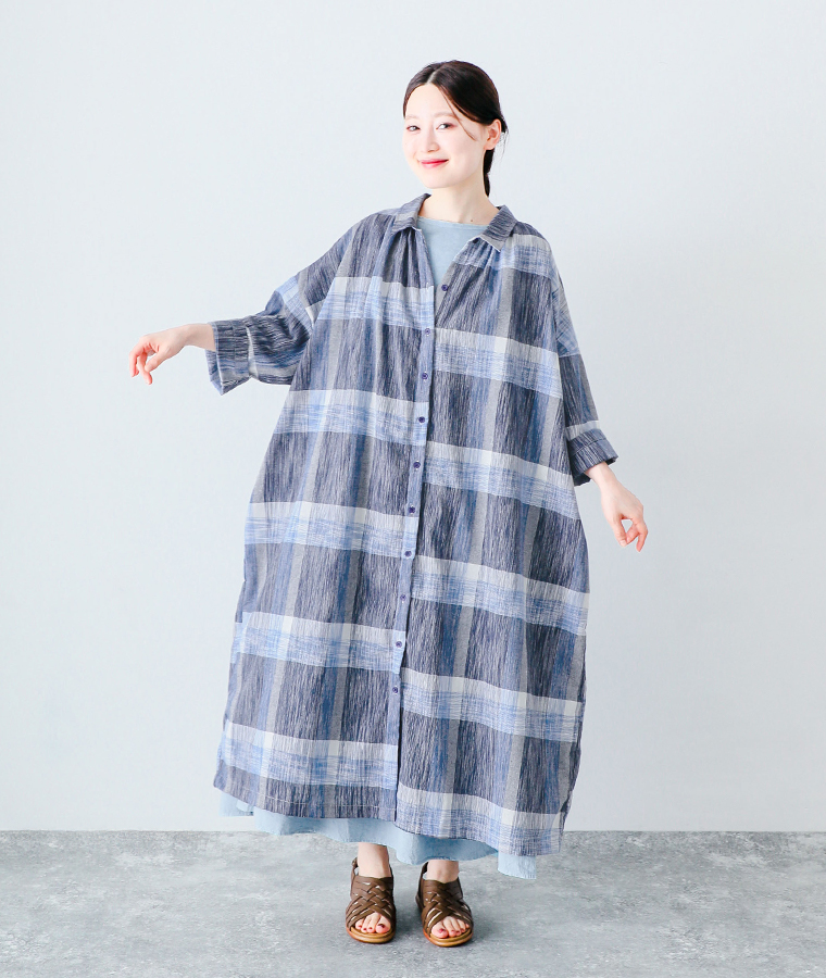 【 LUPILIEN 】リネンライクシャツワンピース ネイビーチェック 前閉め