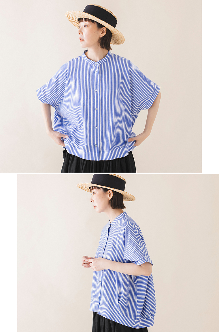 &yarn コットンリネンストライプシャツ 上半身寄り