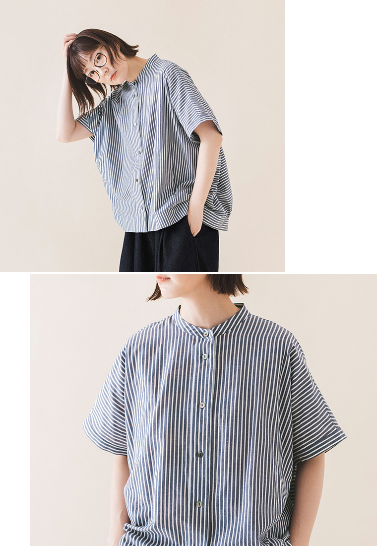 &yarn コットンリネンストライプシャツ ネイビー 首元寄り