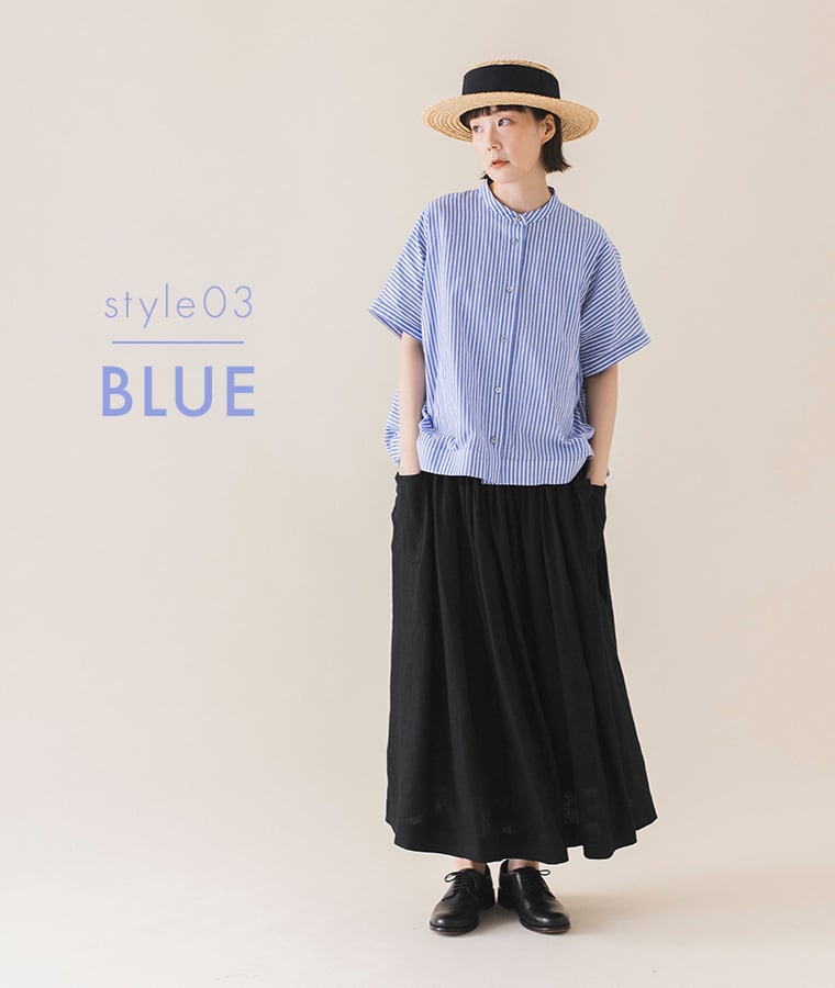 &yarn コットンリネンストライプシャツ ブルー 