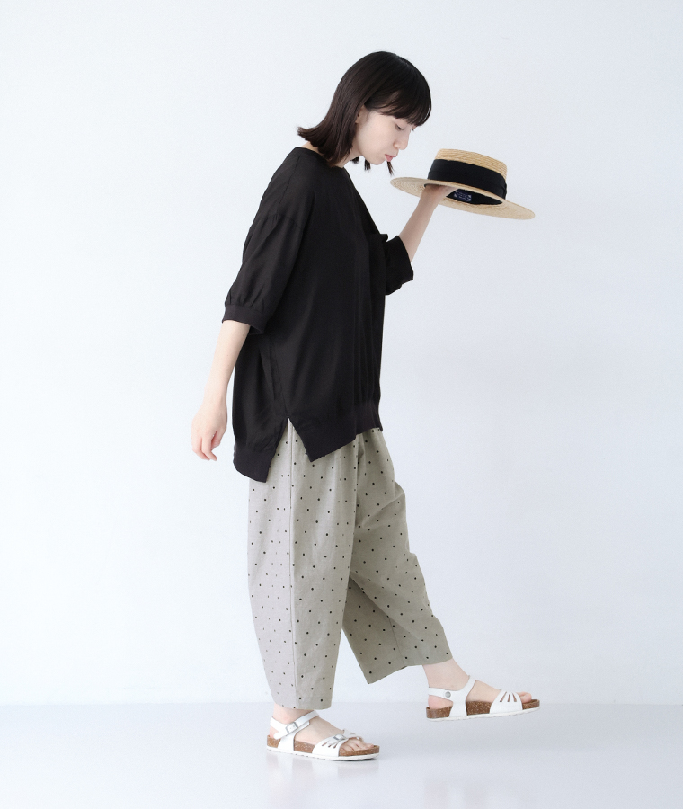 【 cloudnine 】先染めコットン 8分丈バルーンパンツ 全身コーディネート横