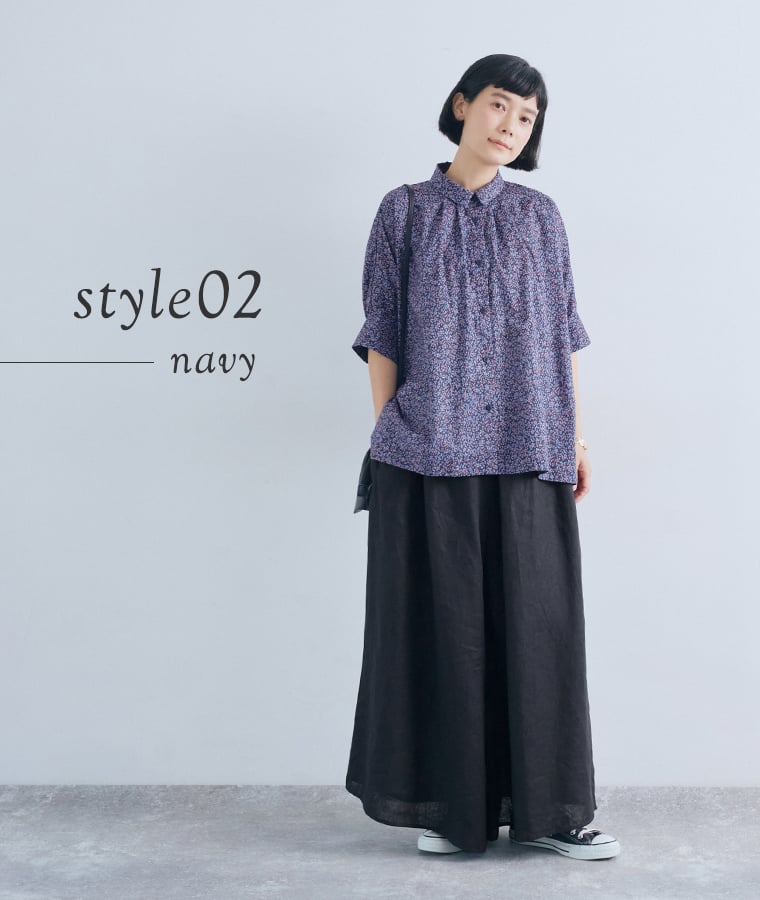 &yarn コットン花柄ブラウス ネイビー
