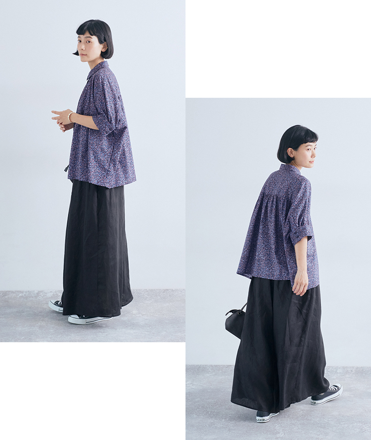 &yarn コットン花柄ブラウス ネイビー 全身前後