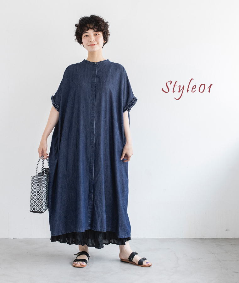&yarn 袖口フリルデニムワンピースのボタン閉じたコーディネート