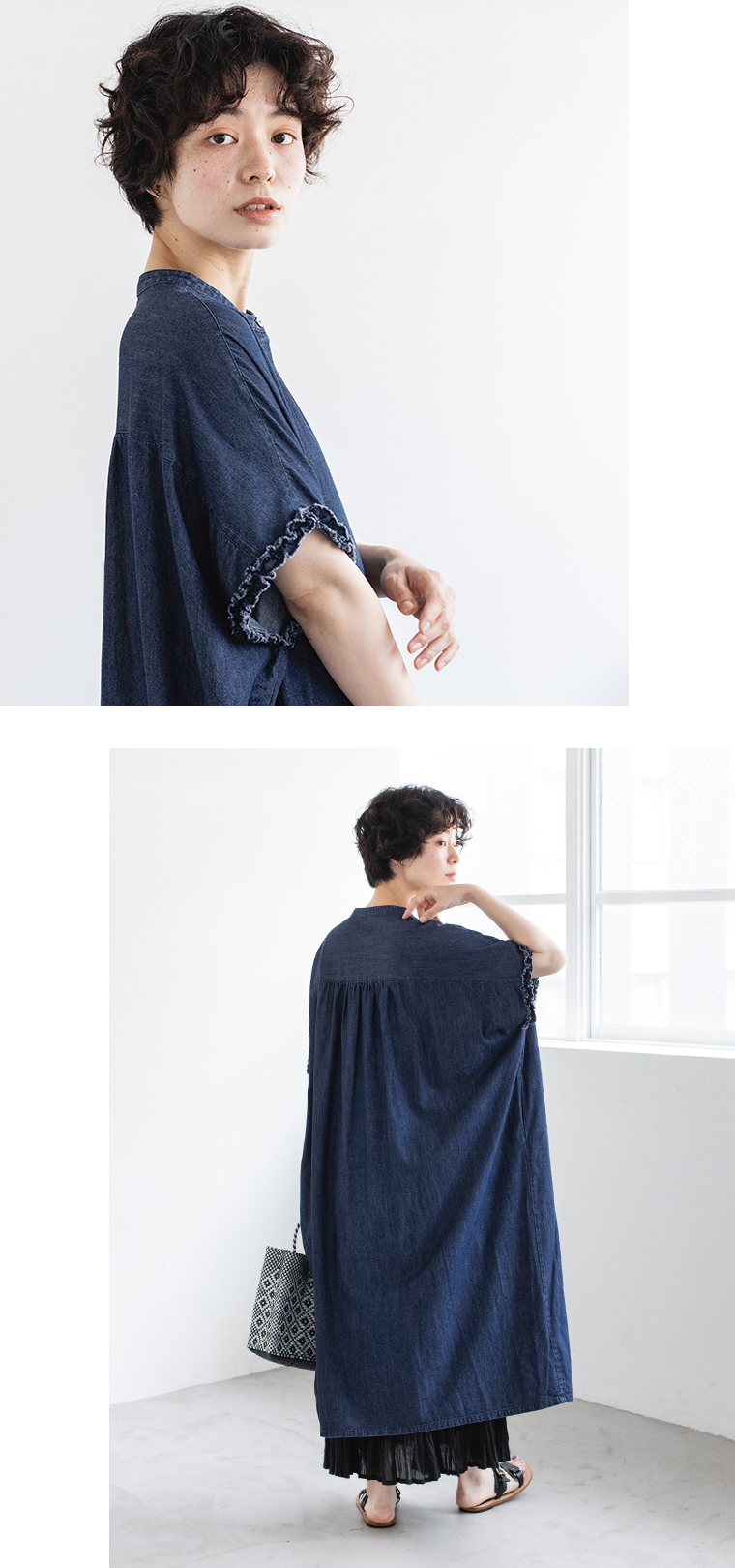 &yarn 袖口フリルデニムワンピース(ボタン閉じ)の上半身横と全身後ろ