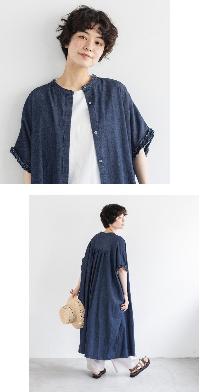 &yarn 袖口フリルデニムワンピース(ボタン開け)の上半身前と全身後ろ