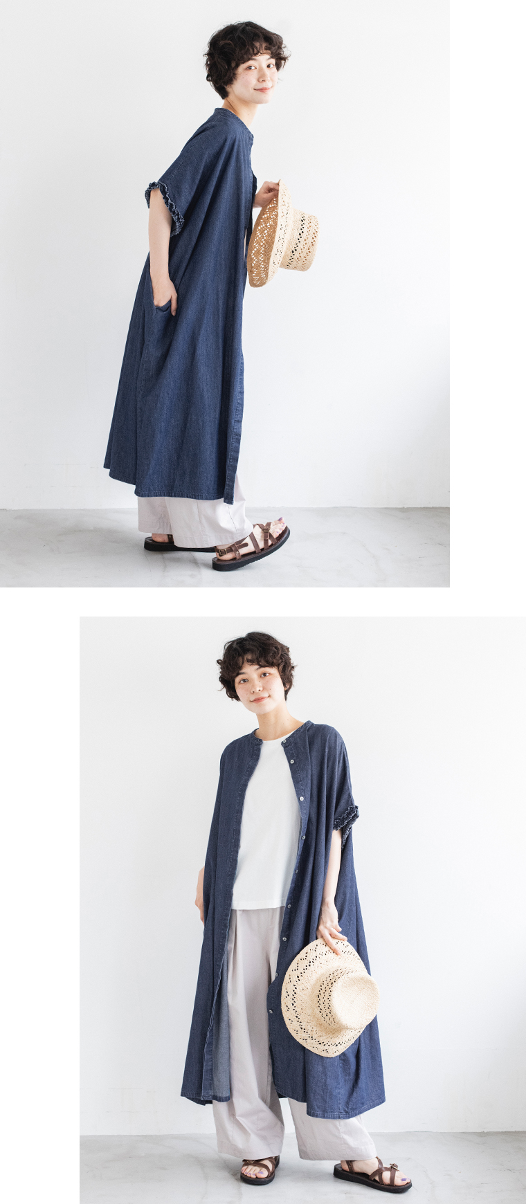 &yarn 袖口フリルデニムワンピース(ボタン開け)の全身横と前