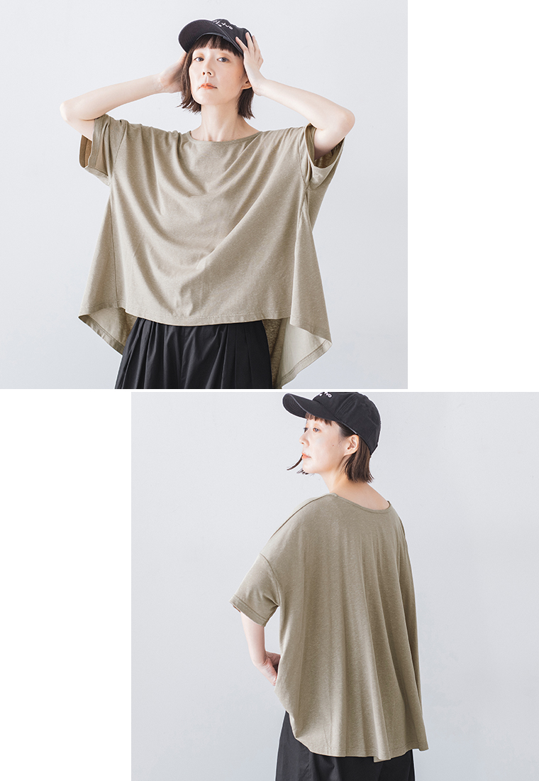 &yarn コットンリネン混バックフレアTシャツ グレージュ 上半身寄り前後