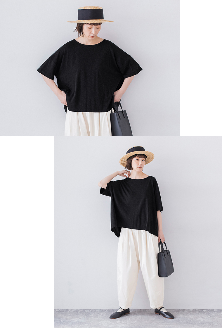 &yarn コットンリネン混バックフレアTシャツ ブラック 上半身寄りと全身