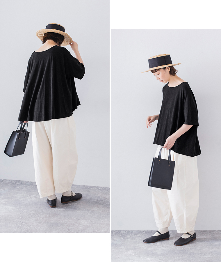 &yarn コットンリネン混バックフレアTシャツ ブラック 全身前後