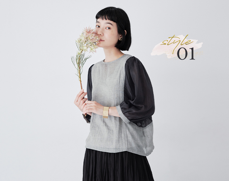 le ciel a temps doux コットン混ガーゼシャンブレーブラウス グレー