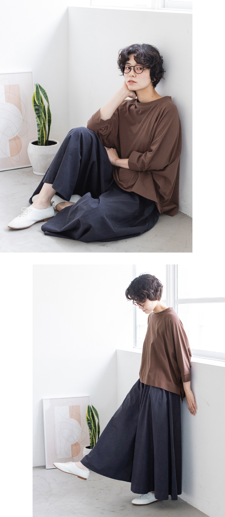 &yarn ワイドギャザーパンツ(ネイビー)の座ったカットと全身横