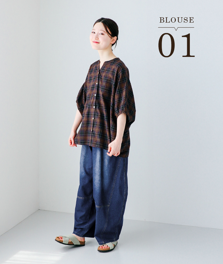 【 refined works 】サンドウォッシュチェックバンザイブラウス