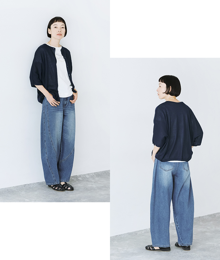 nod デニム立体切替バルーンパンツ ヴィンテージネイビー 全身前後