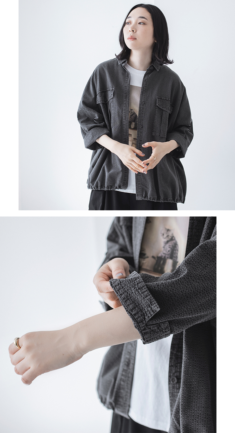 【 LUPILIEN by natulan 】シアサッカーピグメント裾ドロストシャツアウター チャコール トップス寄り＆袖寄り