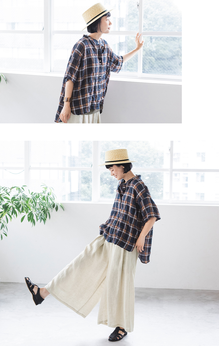 D*g*y  別注｜シャーリングシアーチェック柄シャツ　ネイビー　横のシルエット
