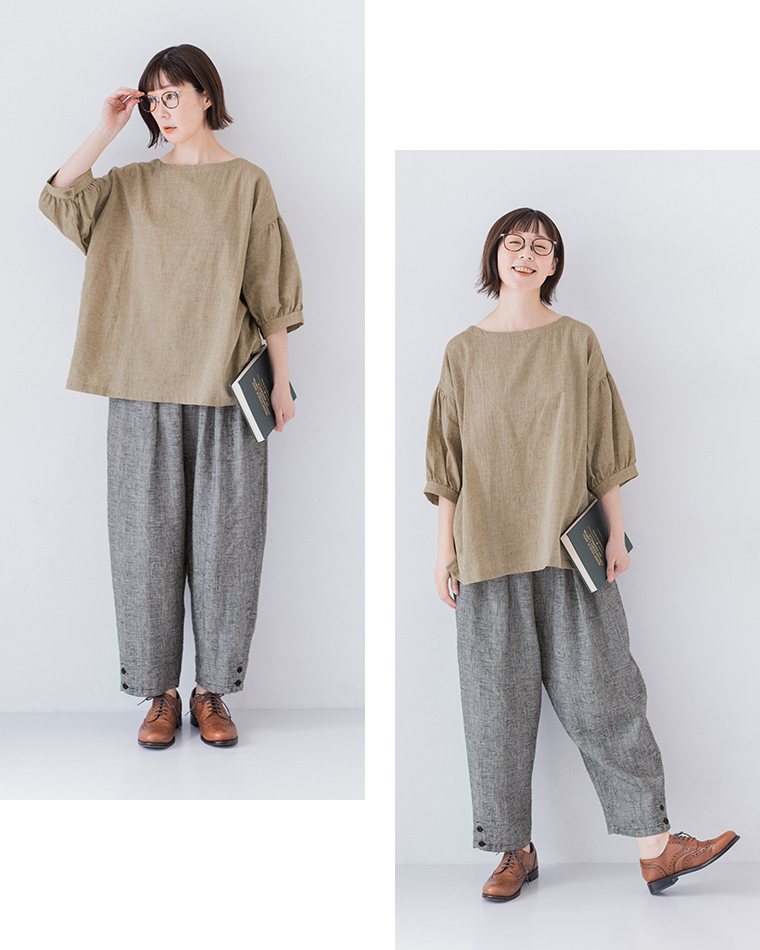 &yarnコットンリネンラミー混プルオーバーイエローの柄パンツ合わせ