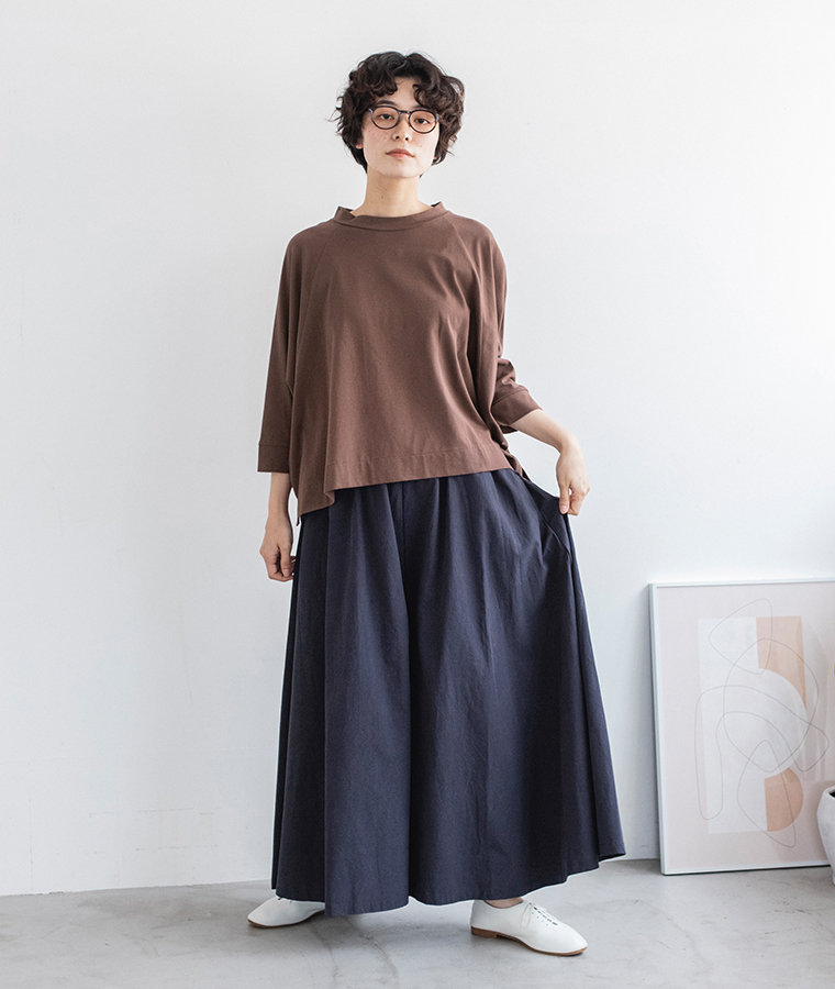&yarn コットンリヨセルワイドギャザーパンツ ネイビー