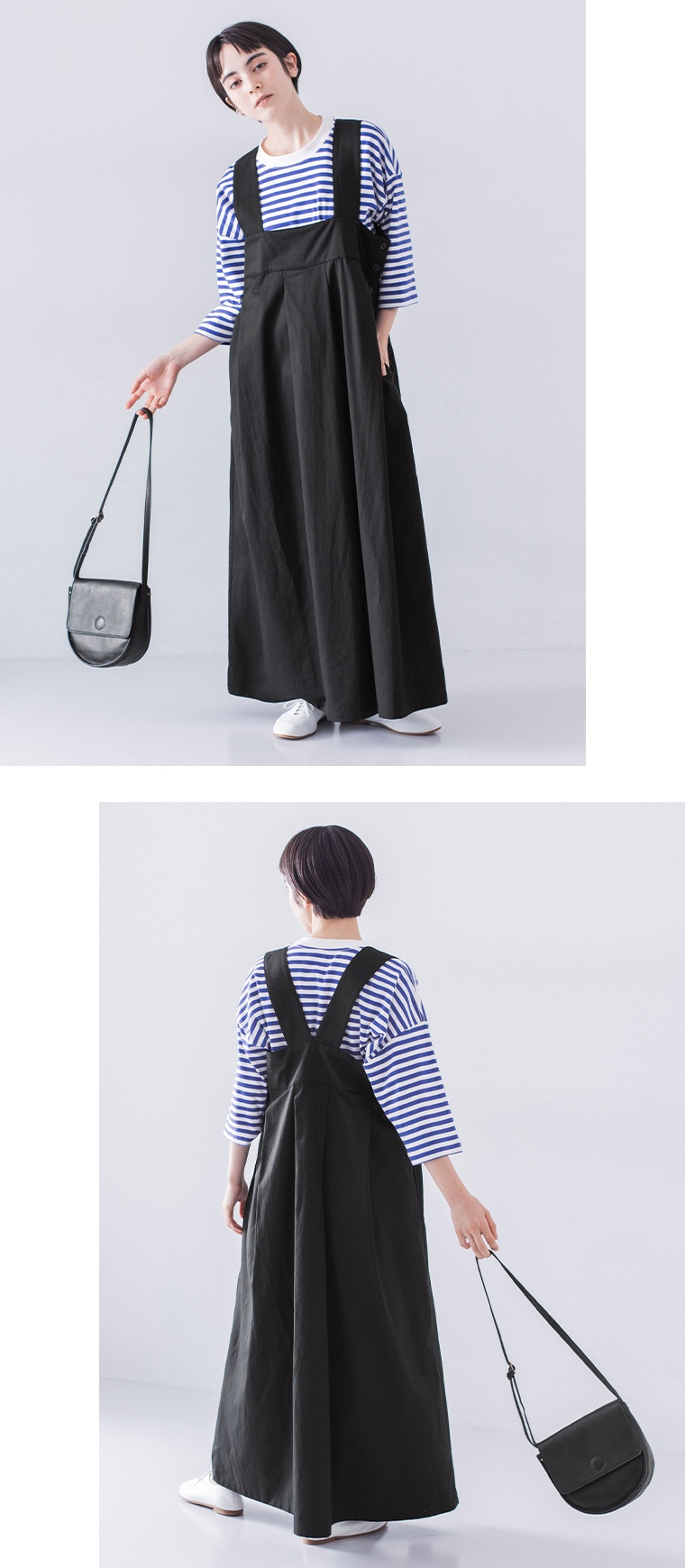 &yarn テンセルコットンジャンパースカート(ブラック)の全身前と後ろ