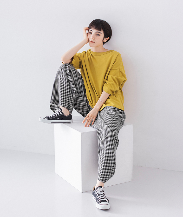 HEAVENLY オーガニックコットン7分袖Tシャツ イエロー 座り