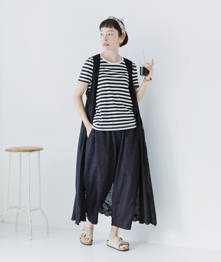 【 別注｜ ista-ire】甘撚りコットンリネンデニムよくばりパンツ インディゴ クラシカルコーデ
