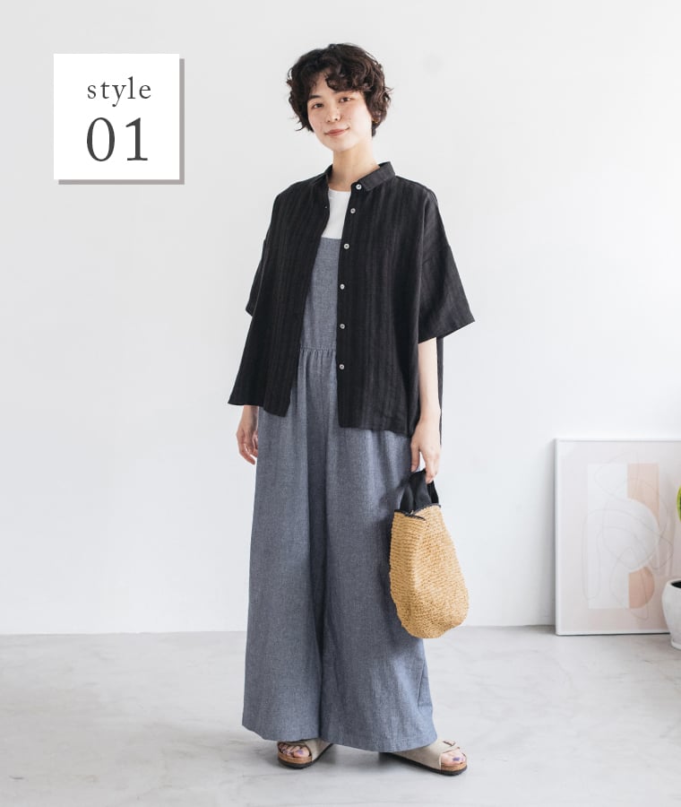 【 &yarn 】リネンレーヨンストライプブラウス ブラック