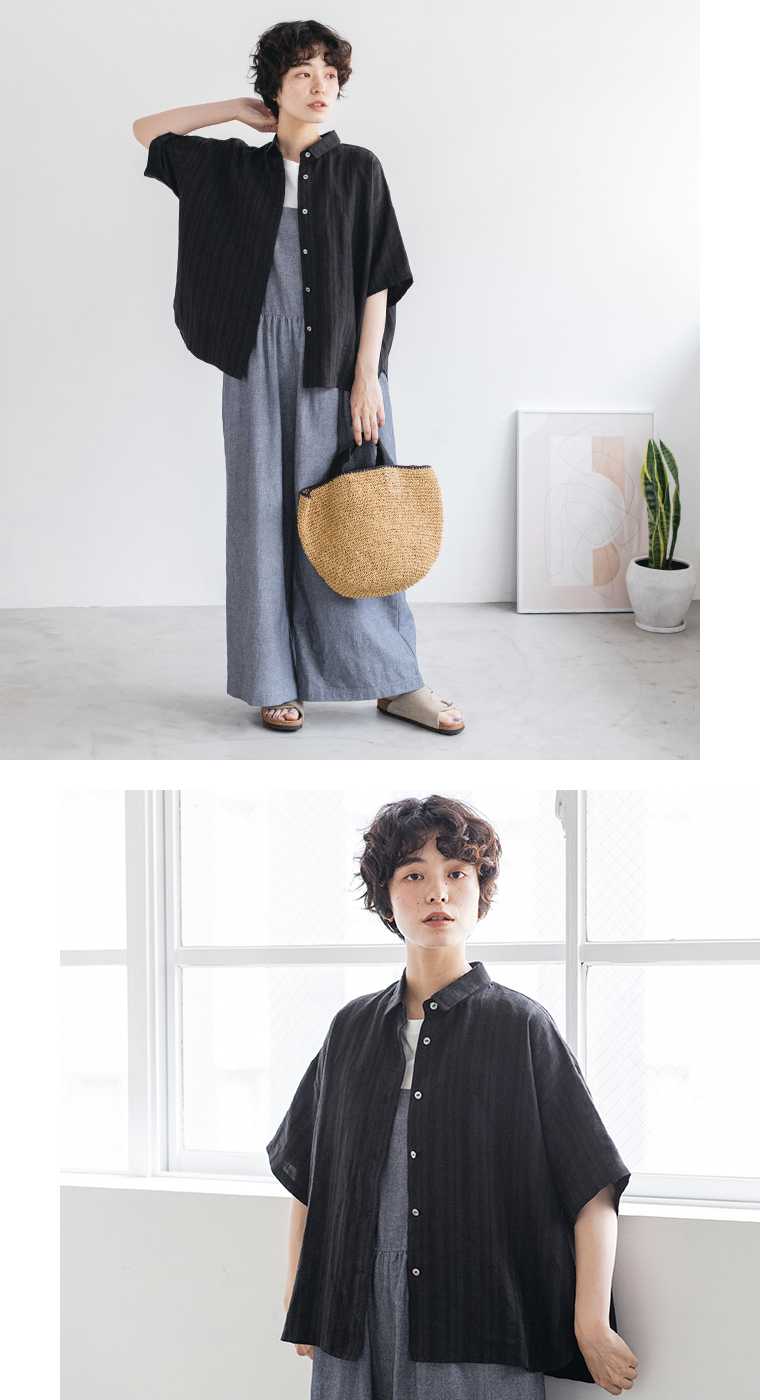 【 &yarn 】リネンレーヨンストライプブラウス ブラック 羽織り
