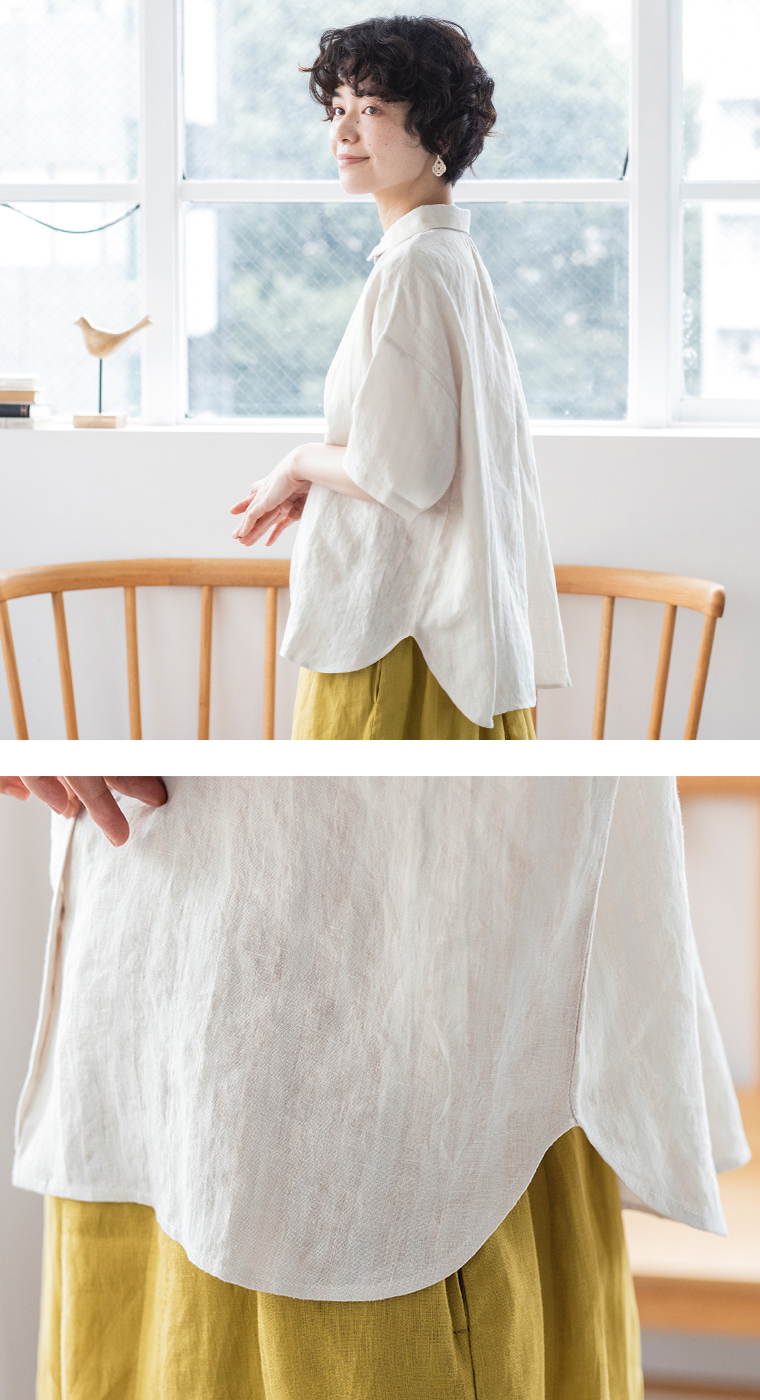 【 &yarn 】リネンレーヨンストライプブラウス キナリ 裾寄り