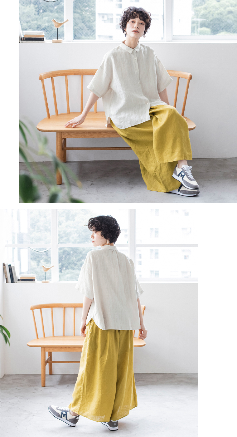【 &yarn 】リネンレーヨンストライプブラウス キナリ 全身コーディネート
