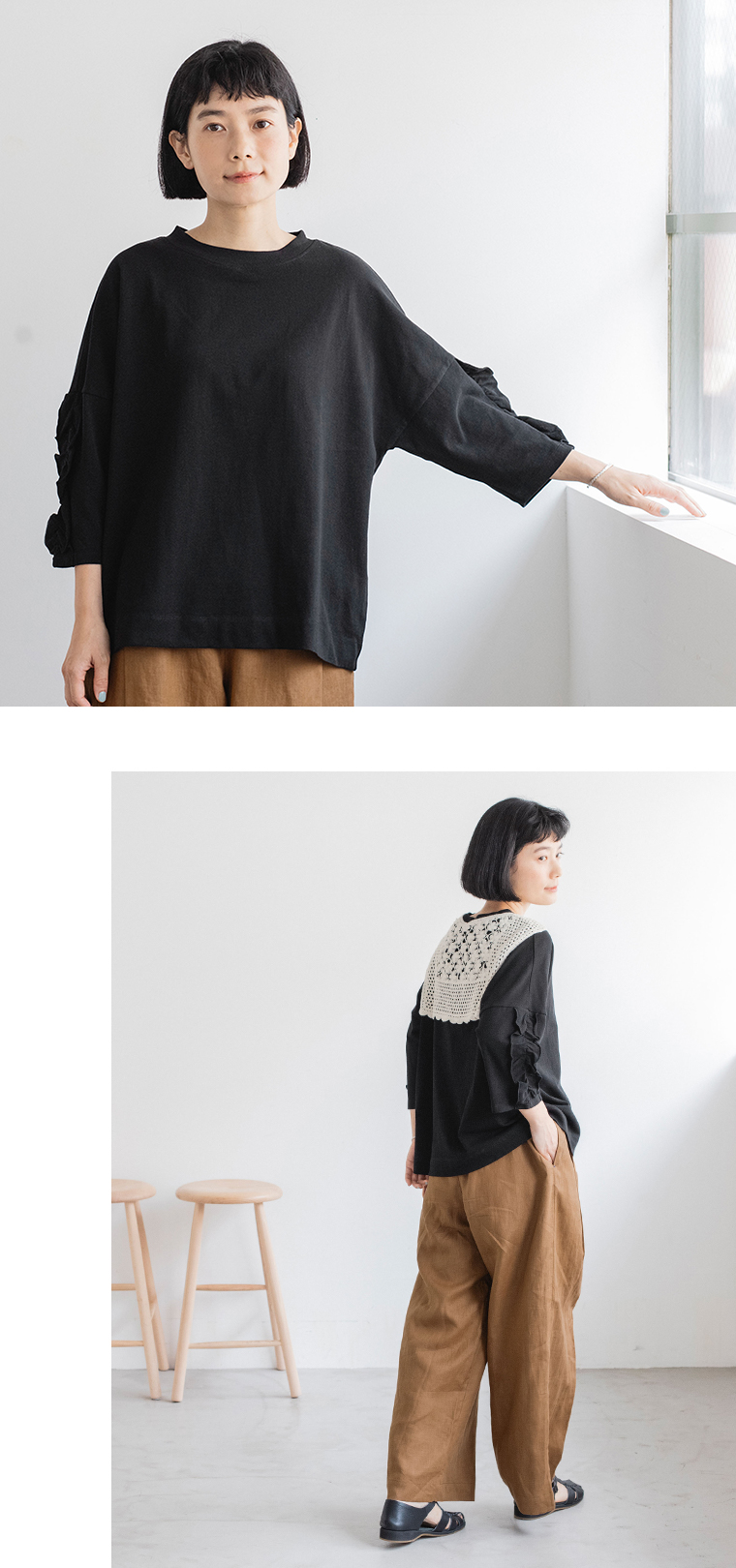 nop de nod フリル6分袖Tシャツ(ブラック)の上半身前と全身後ろ