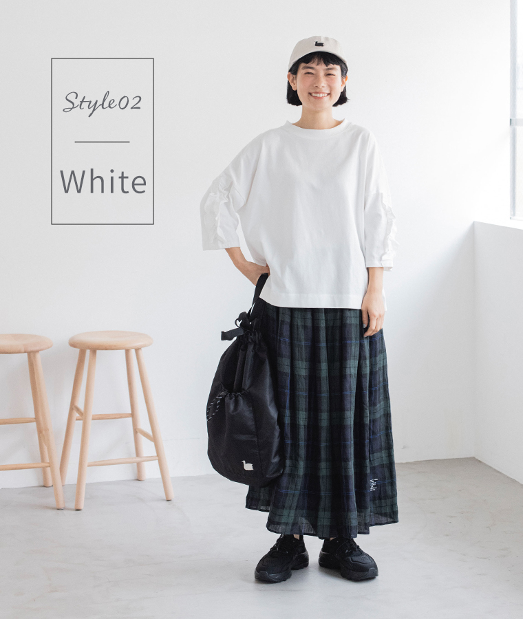 nop de nod フリル6分袖Tシャツ(ホワイト)のコーディネート