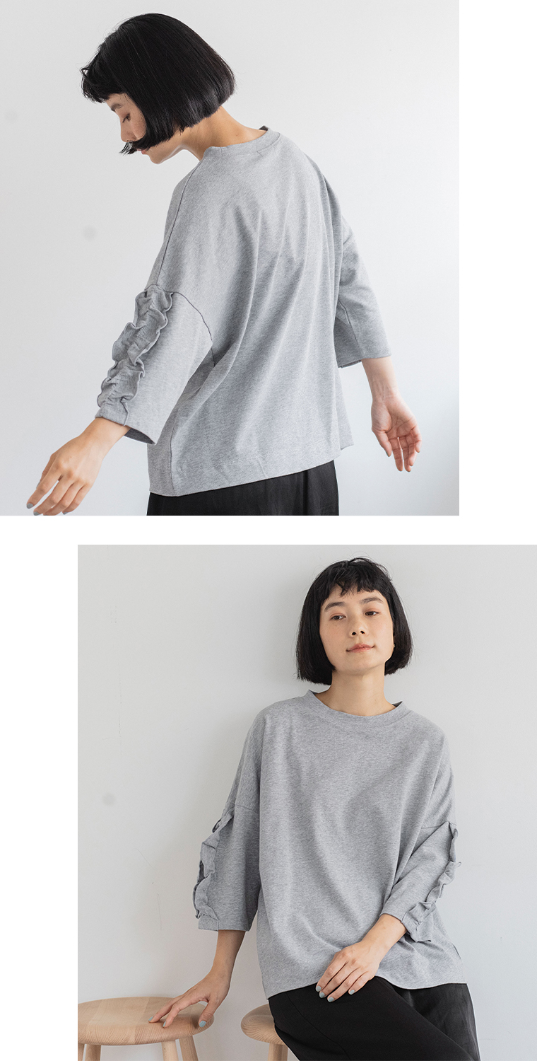 nop de nod フリル6分袖Tシャツ(グレー)の上半身後ろと前