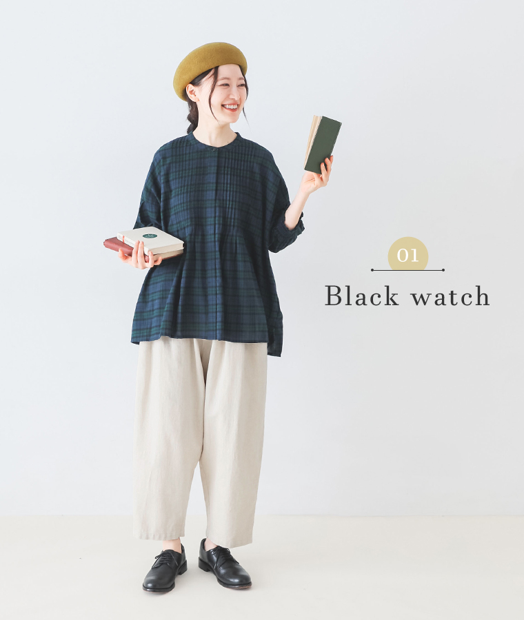 【 m.n 】別注｜コットンピンタックブラウス ブラックウォッチ