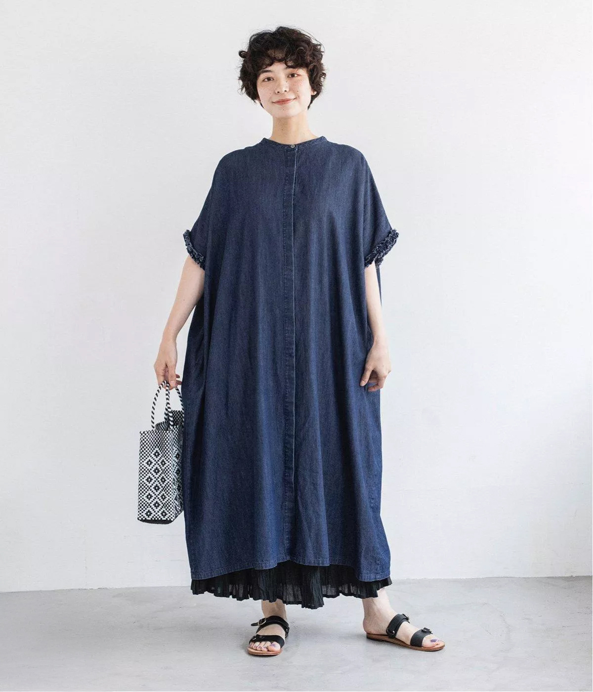 &yarn コットンデニム袖フリルワンピース