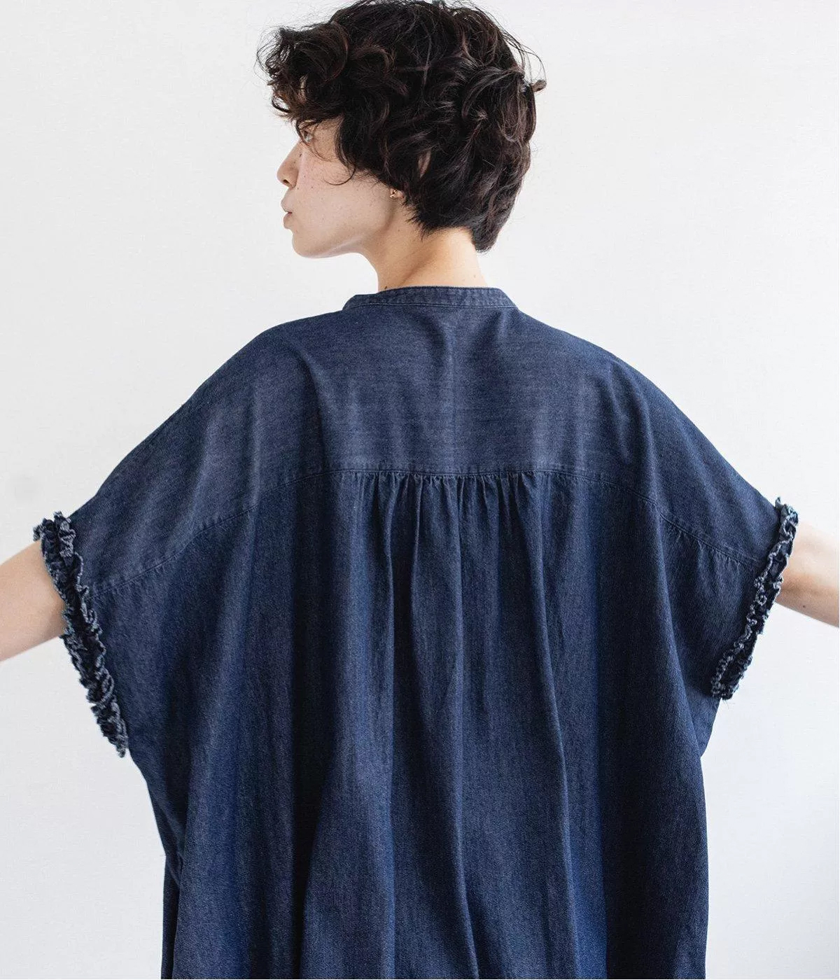 &yarn コットンデニム袖フリルワンピース