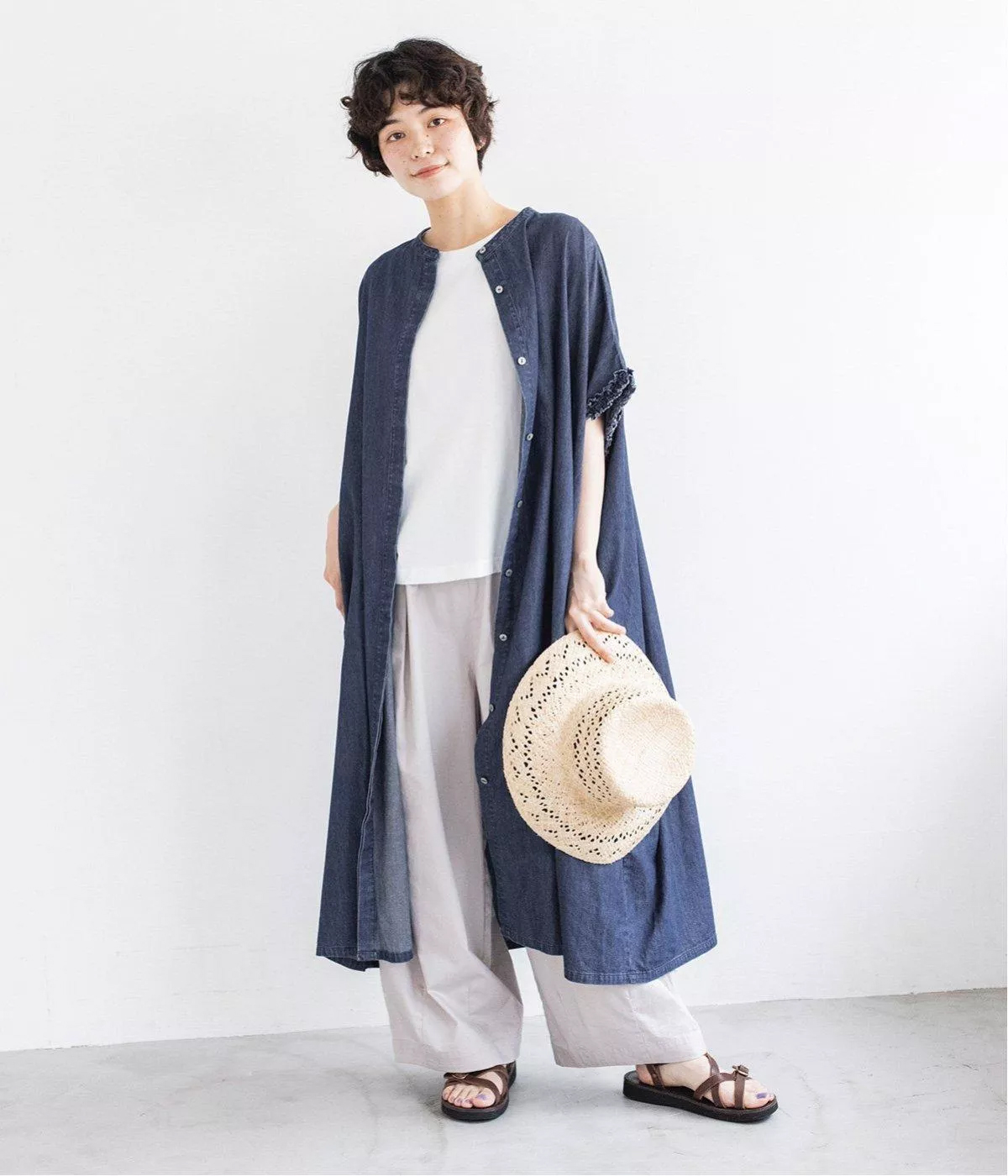 &yarn コットンデニム袖フリルワンピース