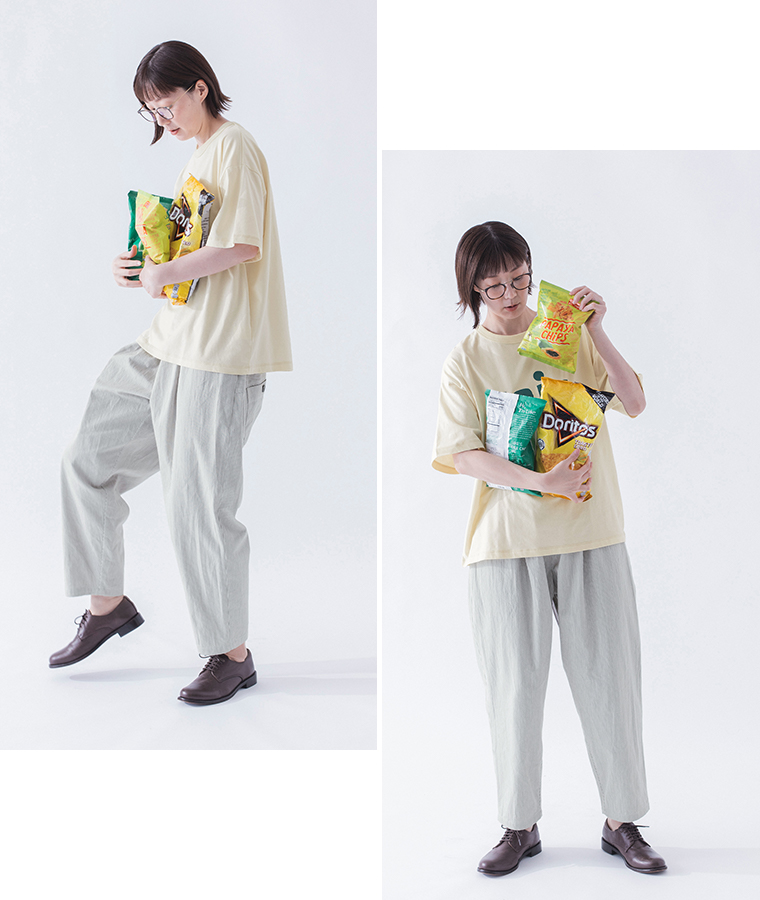 &yarn ヒッコリーパンツ ベージュ 全身前横