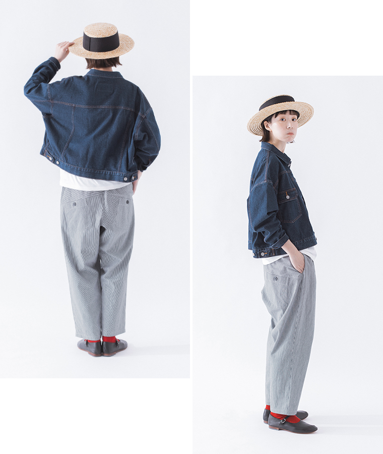 &yarn ヒッコリーパンツ ネイビー 全身横後ろ