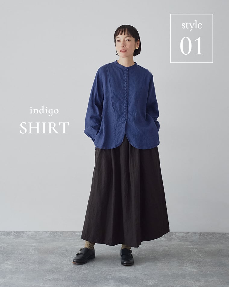 ICHI Antiquitesリネンインディゴドレスシャツのコーディネート