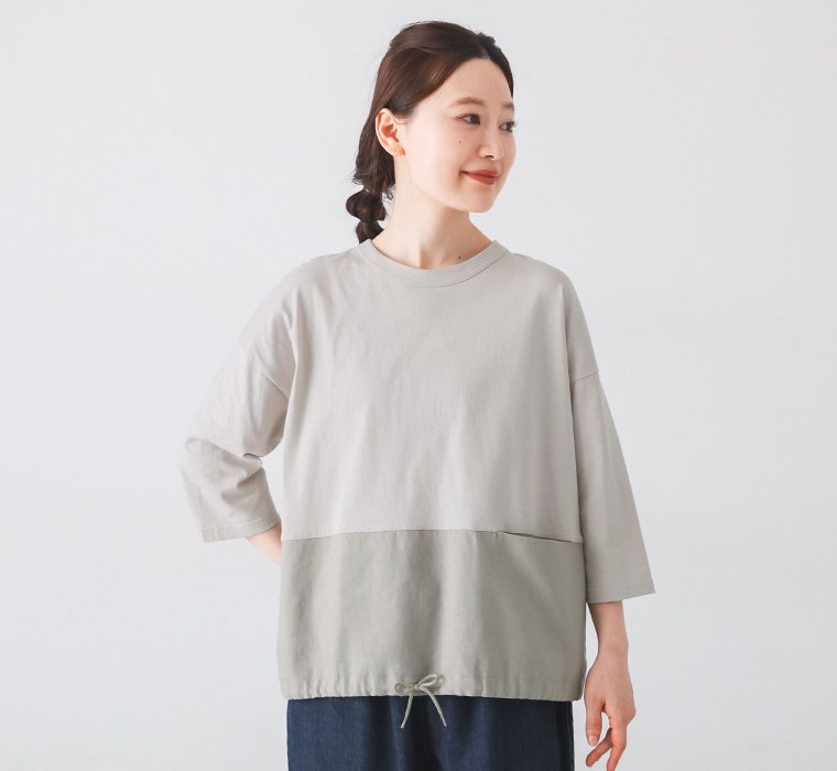 【 kermu 】UV天竺異素材切替7分袖Tシャツ トップス寄り